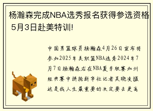 杨瀚森完成NBA选秀报名获得参选资格 5月3日赴美特训!